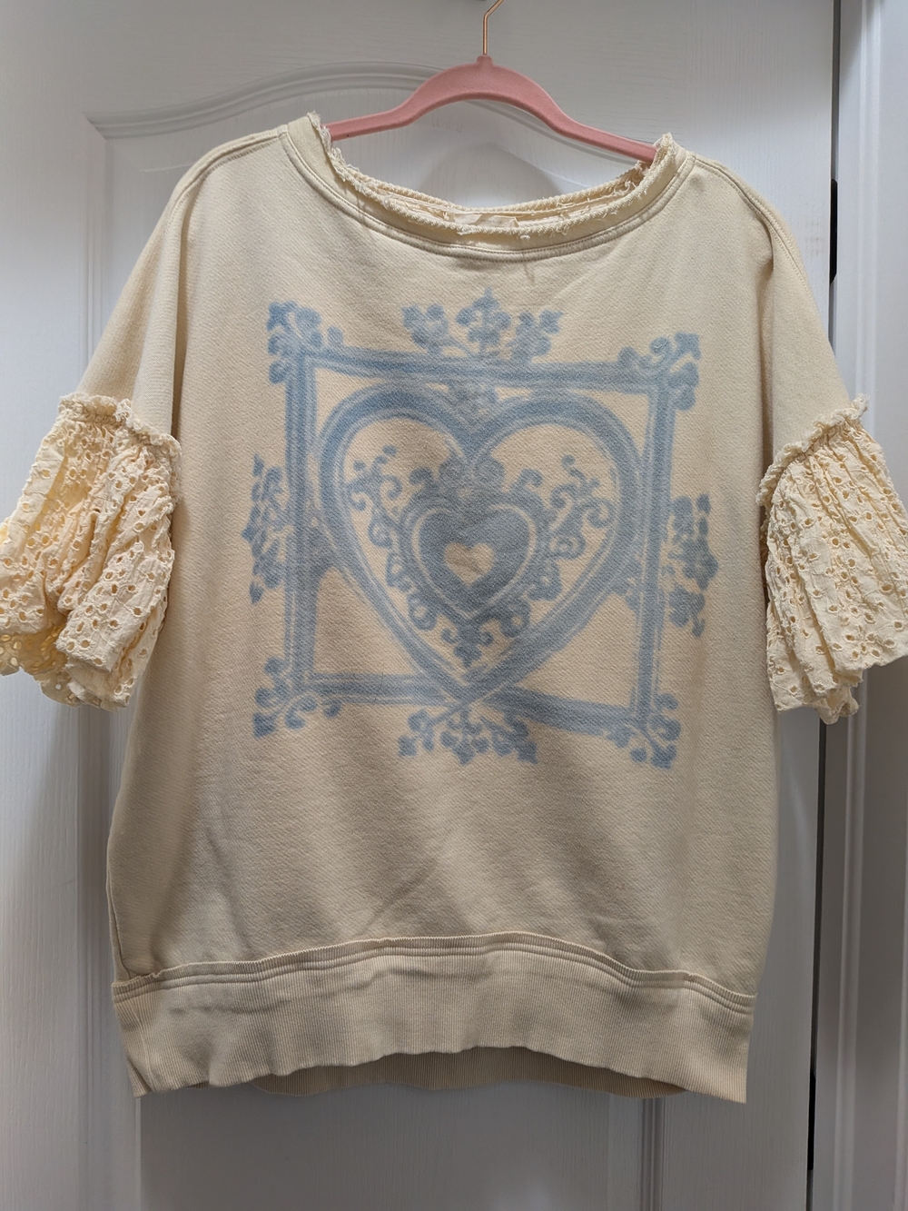Free People Cream Short Sleeve Crewneck Sweatshirt with Blue Heart Motif